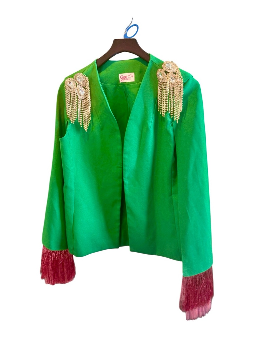Cosmic Collective Blazer cape in green w/pink fringe - Picture 6 of 11